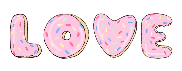 Donut Love pink color cartoon drawing illustration doodle elements isolated  for sticker