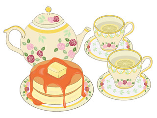 Pancake snack and Porcelain teacup teapot lemon tea herbal aroma healthy life elements