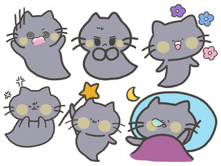 Mystery Cute Cat gray color cartoon drawing illustration doodle elements isolated character for sticker, emotion digital clipart