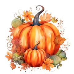 Orange watercolor pumpkin and maple leaves. Halloween Thanksgiving art