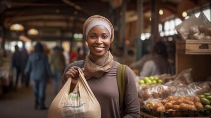 Fototapeta premium Woman buys fresh produce at a farmer's market