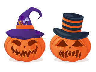 Halloween jack o lantern in witch and cylinder hat