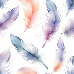 Delicate feathers in pastel colors. Watercolor background.