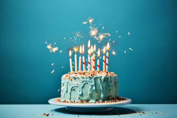 Blue baby boy cream birthday cake with sparkling candles. Happy holiday concept