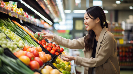 Obraz premium Woman chooses vegetables on the shelves at the grocery store