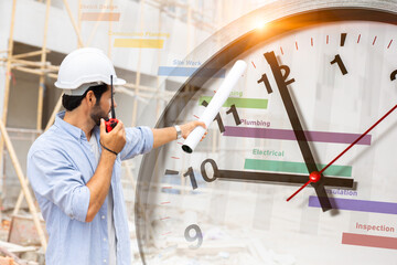 Construction worker with schedule project timeline and working time clock for control timing...