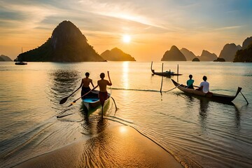 Tourists exploring the beaches and lagoons of bacuit archipeligo, el nido palawan island, in the philippines by traditional banka outrigger boat