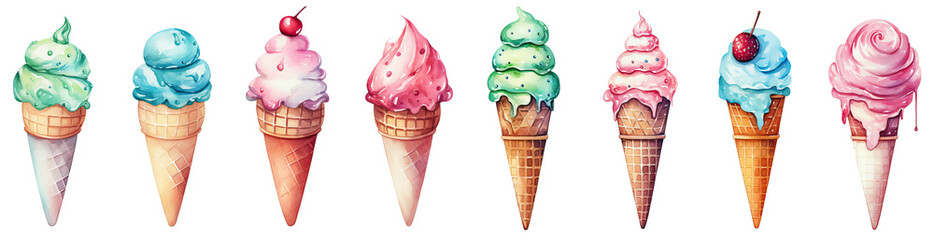 Watercolor illustration of ice cream collection on white background, decorative items, watercolor summer vintage ice cream set, sweet food