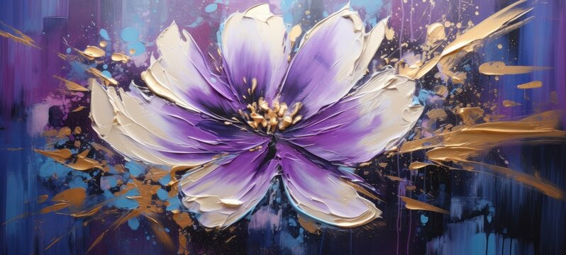 Spring summer flowers purple blue background banner panorama - Abstract oil acrylic painting of colorful white flower on canvas
