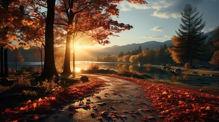Fotobehang Picturesque natural autumn landscape with the sun in the forest and a mountain of orange leaves. © Santy Hong