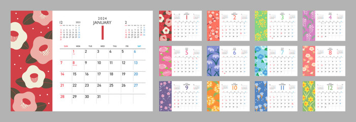 Fototapeta 和の花マンスリーカレンダー　2024年　12ヶ月セット obraz