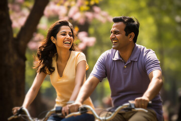 Happy Indian couple riding on bicycle in the park