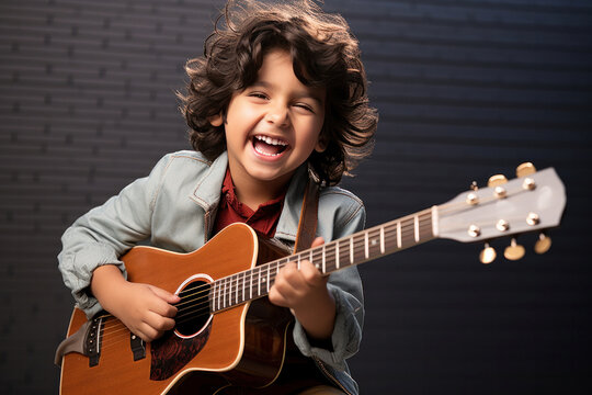 Happy indian kid playing guitar, a musical instrument