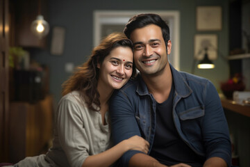 Fototapeta premium Portrait of Indian happy couple embracing each other at home on sofa or dining table