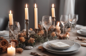 Beautiful table setting with glasses of wine candles