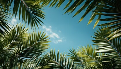 Fototapeta premium frame of palm leaves in the sky, copy space. travel and vacation concept. 