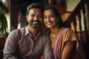 Portrait of Indian happy couple embracing each other at home on sofa or dining table
