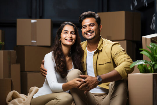 Indian Young Couple Relaxing While Shifting Or Unpacking Home, Sitting Between Packaging Boxes