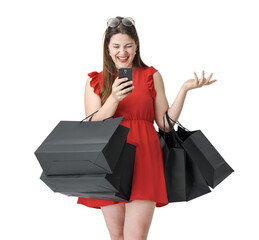 Woman holding a smartphone and doing shopping on Black Friday