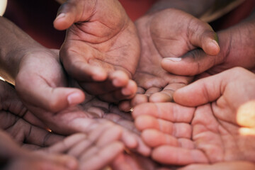 Hands, palm and diversity of people in circle for charity, ngo and support in poor community together from above. Helping hand, donation and empathy for children in poverty, society and crowdfunding - obrazy, fototapety, plakaty