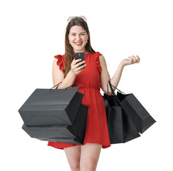 Woman holding a smartphone and doing shopping on Black Friday
