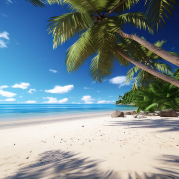Beautiful beach with palm trees. Summer vacation, travel. Square photo. AI generative.