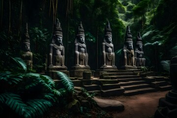 Ancient stone statues guarding the entrance to the jungle - AI Generative