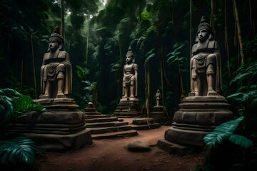 Obraz premium Ancient stone statues guarding the entrance to the jungle - AI Generative
