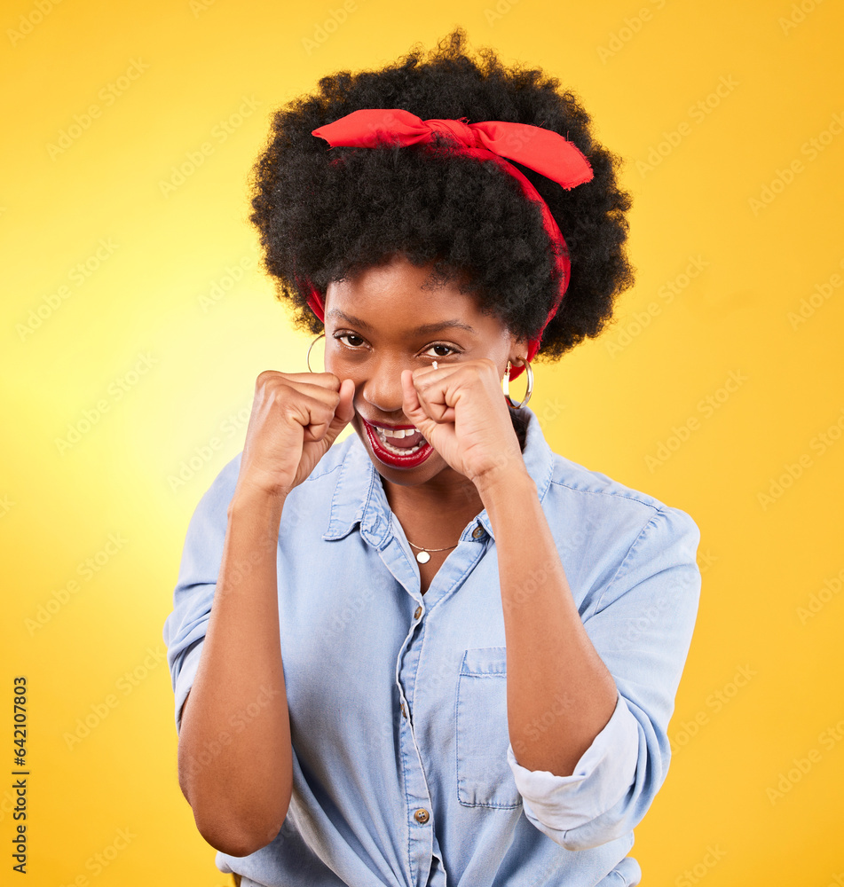 Sticker Fashion, fight and boxing with portrait of black woman in studio for power, motivation and energy. Empowerment, pride and champion with person and fist on yellow background for challenge and strong