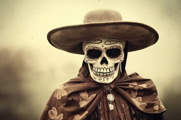 Naklejka premium black-white Mexican skeleton bandit wearing a hat