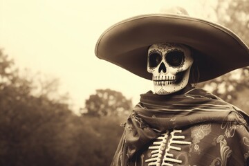 Fototapeta premium black-white Mexican skeleton bandit wearing a hat