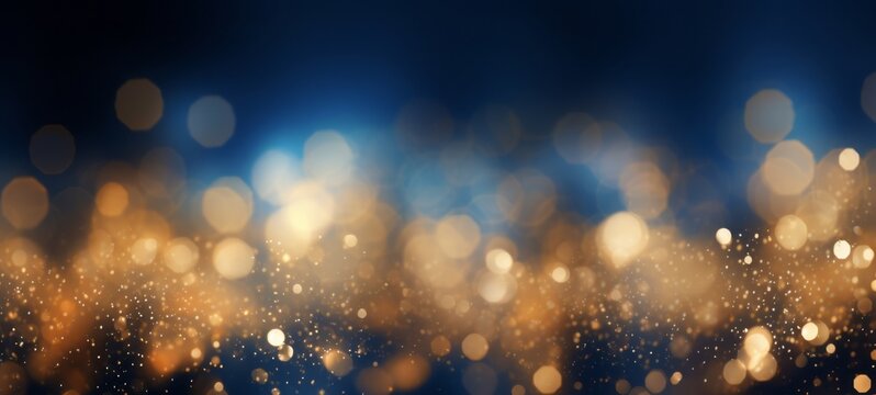 Festive celebration holiday christmas, new year, new year's eve banner template illustration - Abstract gold bokeh lights on dark blue background texture, de-focused