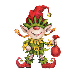 Christmas Elf. Santa Elf. Merry Christmas. Watercolor Illustration