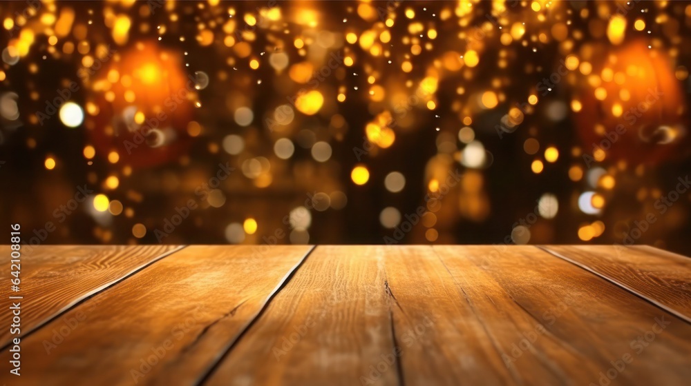 Poster empty brown wooden floor or wood board table with blurred abstract night light bokeh background, cop