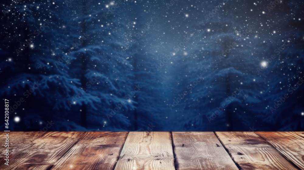 Poster empty brown wooden floor or wood board table with blurred abstract night light bokeh background, cop