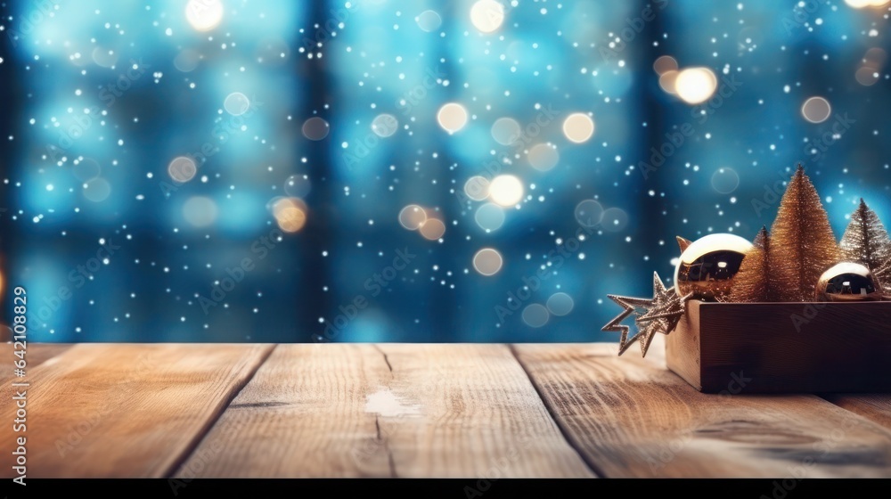 Poster empty brown wooden floor or wood board table with blurred abstract night light bokeh background, cop