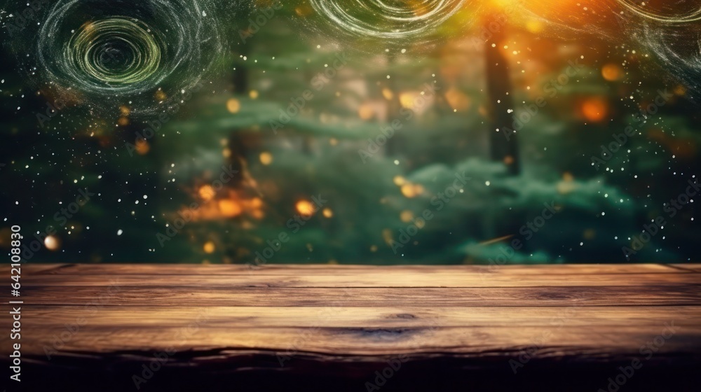 Poster empty brown wooden floor or wood board table with blurred abstract night light bokeh background, cop
