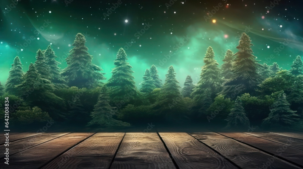 Poster empty brown wooden floor or wood board table with blurred abstract night light bokeh background, cop
