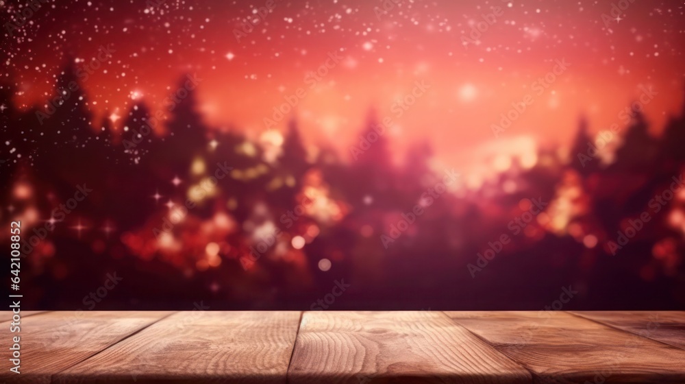 Poster empty brown wooden floor or wood board table with blurred abstract night light bokeh background, cop