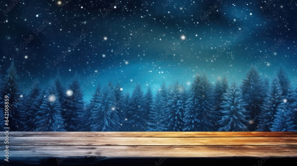 Poster empty brown wooden floor or wood board table with blurred abstract night light bokeh background, cop
