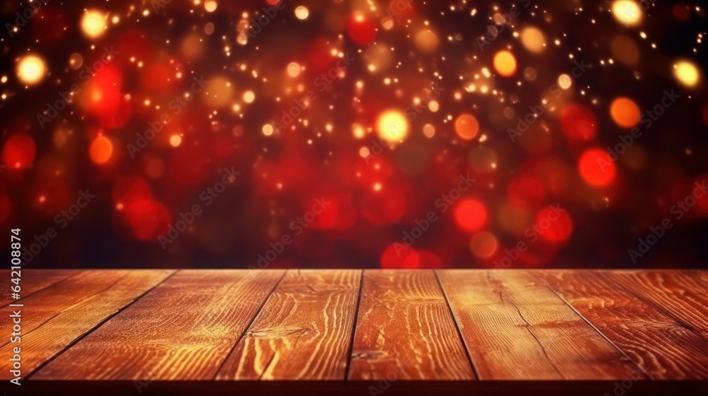 Poster empty brown wooden floor or wood board table with blurred abstract night light bokeh background, cop
