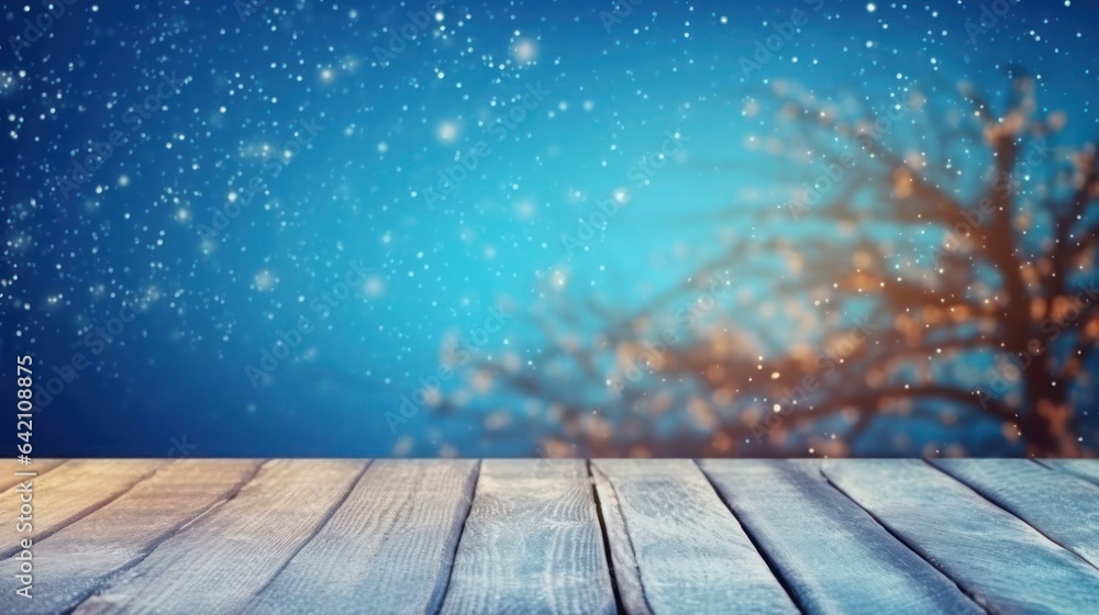 Poster empty brown wooden floor or wood board table with blurred abstract night light bokeh background, cop
