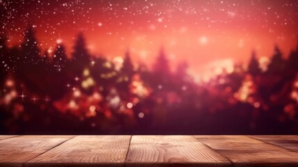Naklejka na ściany i meble empty brown wooden floor or wood board table with blurred abstract night light bokeh background, copy space for display of product or object presentation, Generative AI