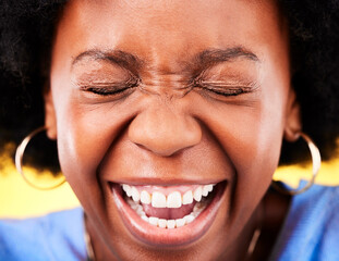 Zoom of excited, happy and face of black woman on yellow background for good news, wow and...