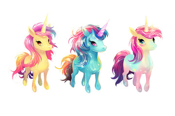 Watercolor unicorns multy colored on white backhround, multycolored, kids story book, fairy tail, elements
