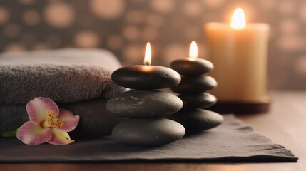 Fototapeta na wymiar Spa resort therapy composition. Burning candles, stones, towel, abstract lights