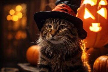 Concept of cat of a witch's hat, on the background of pumpkins and decorations on the occasion of Halloween.