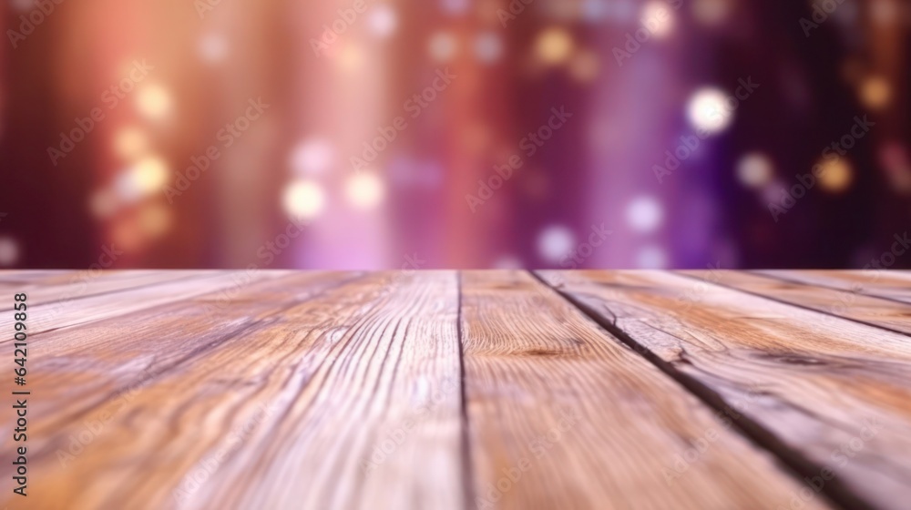 Poster empty brown wooden floor or wood board table with blurred abstract night light bokeh background, cop