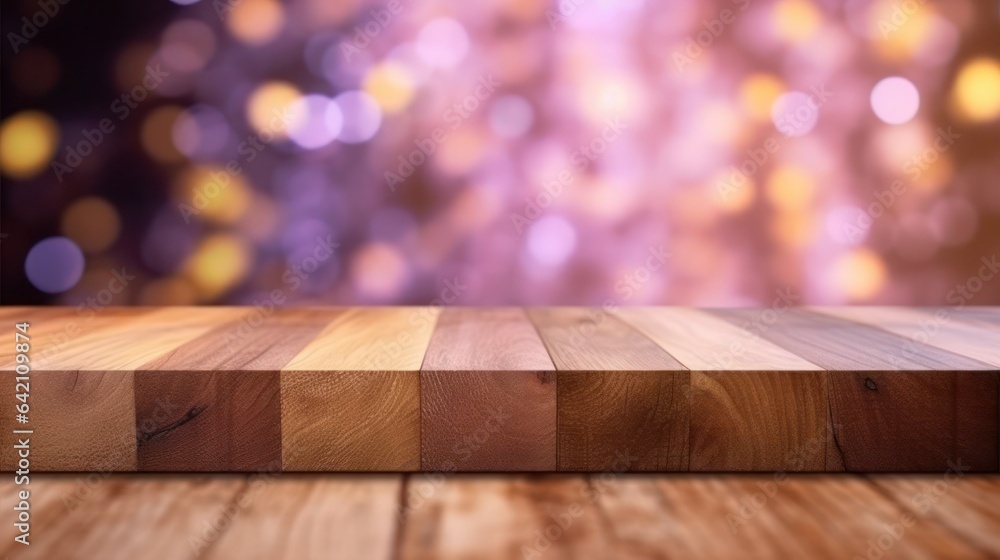 Poster empty brown wooden floor or wood board table with blurred abstract night light bokeh background, cop