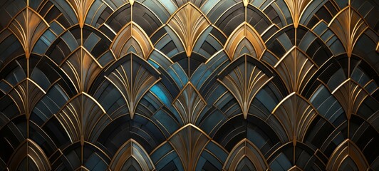 Abstract luxurious deco glamour wall wallpaper illustration background with gold blue black geometric 3d egyptian shell shapes print texture